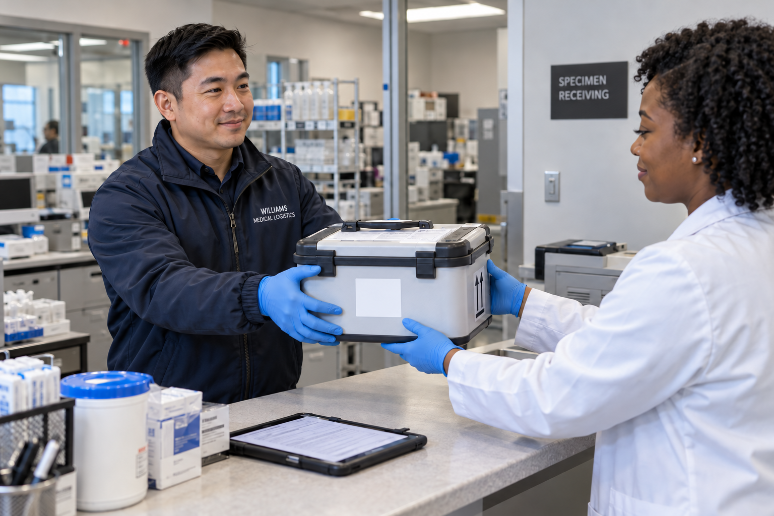 Illustrative male courier and laboratory technician wearing gloves during a sealed specimen case handoff